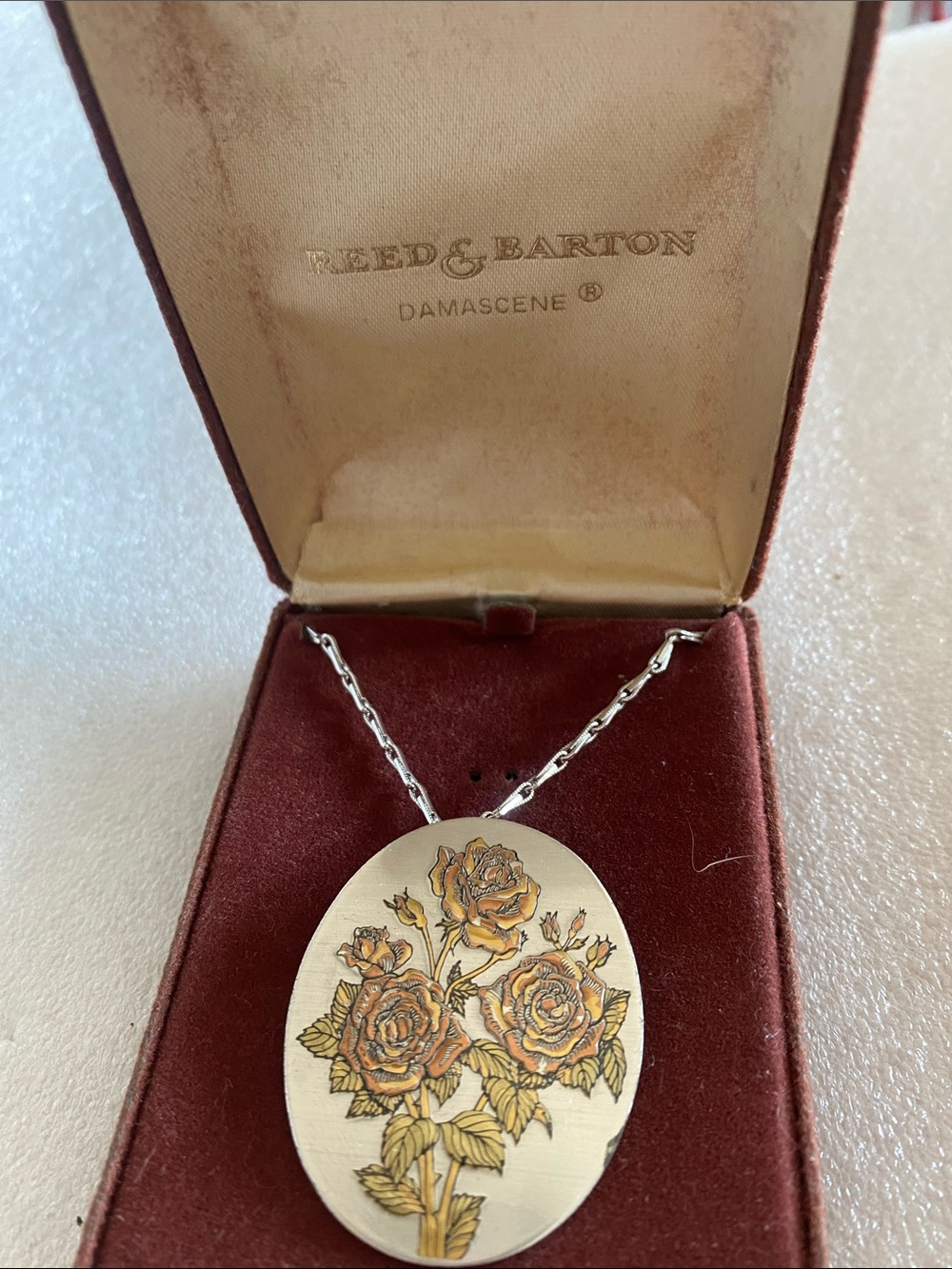 Reed & Barton Two-Tone Floral Damascene Oval Pendant Necklace